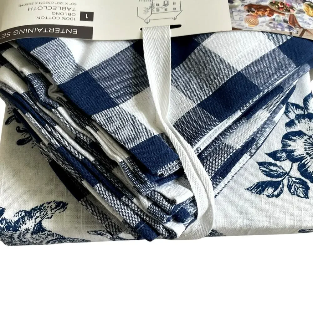 9pc Farmhouse Easter Bunny Tablecloth 60x104 Gingham Napkin Set Blue White NEW